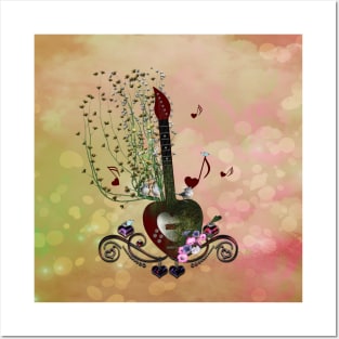 Music, heart guitar with birds and butterflies Posters and Art